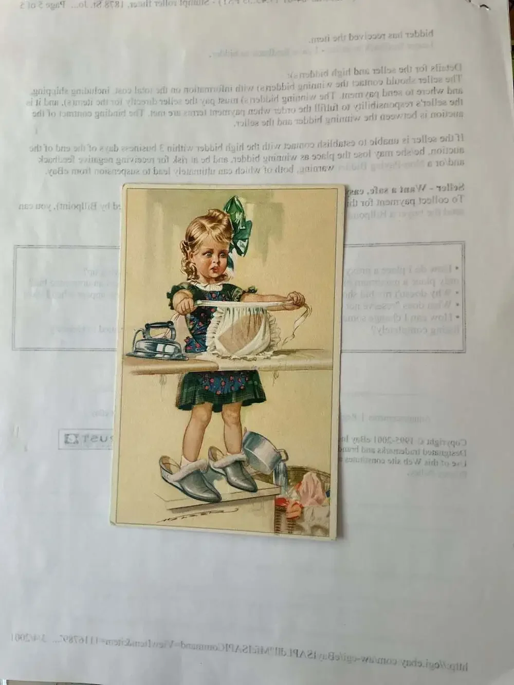 Vintage Dolly Dimples Postcard Illustration of Little Girl Ironing